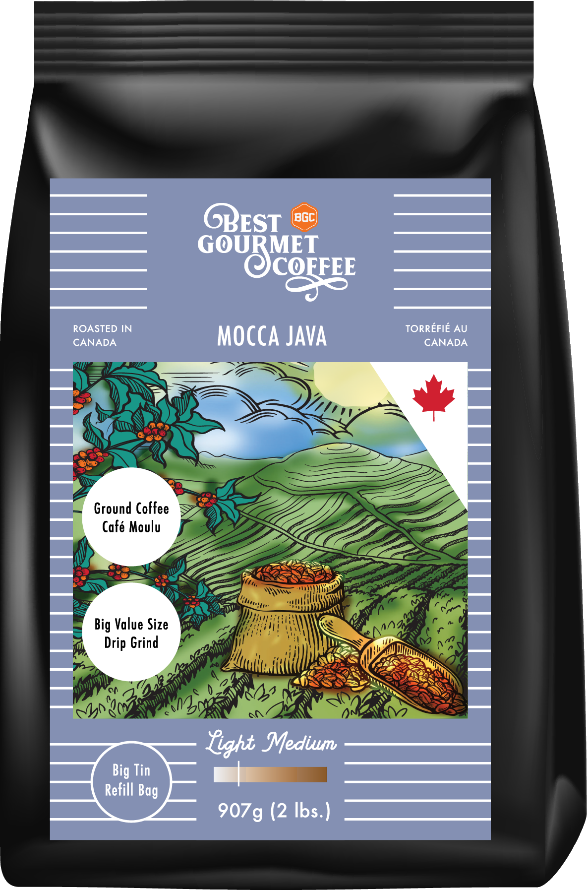 Mocca Java Blend 2lb - 907g Ground Coffee - Drip Grind- Light / Medium Roast